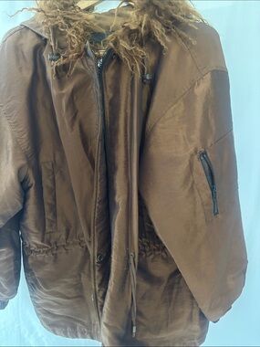 Men's Brown Hooded Puffer Coat with Fur-Trim Quilted Inside.